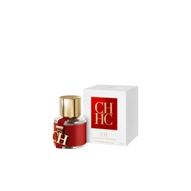 Carolina Herrera CH Woman Eau de Toilette in red leather-wrapped bottle with gold cap, shown alongside white and red branded box