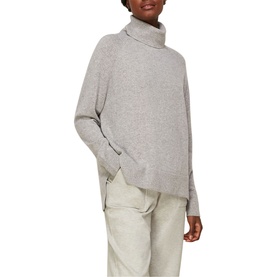 Model wearing Whistles Cashmere Roll Neck Sweater in grey, styled with light trousers, relaxed fit with ribbed collar and side slits