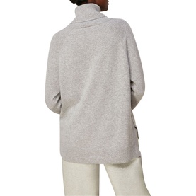 Model wearing Whistles Cashmere Roll Neck Sweater in grey, back view, styled with cream wide-leg trousers