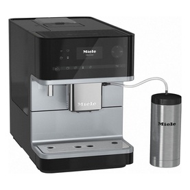 Miele Countertop Coffee Machine 15 Bar in black and silver with stainless steel milk container and touch display panel