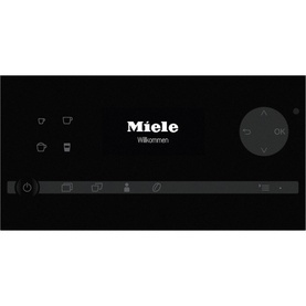 Miele Countertop Coffee Machine 15 Bar black control panel display showing Willkommen screen with touch icons and dial