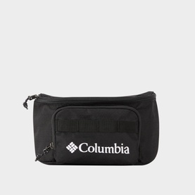 Columbia Zig-Zag Bumbag in black, with white logo print, front zip compartment, and adjustable buckle belt strap