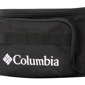 Columbia Zig-Zag Bumbag in black with MOLLE webbing, zip compartments, and white logo print on ripstop polyester fabric