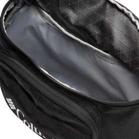 Columbia Zig-Zag Bumbag in black, open view showing quilted grey interior lining and dual zip compartments