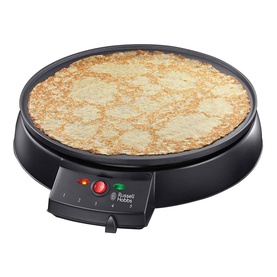 Russell Hobbs Fiesta Crepe Maker in black with large round cooking plate and temperature control dial, shown with crepe cooking