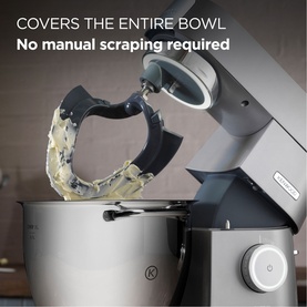 Kenwood Chef Flex Beater attachment in action inside a stand mixer bowl, with text highlighting full bowl coverage and no manual scraping