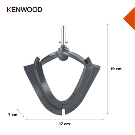 Kenwood Chef Flex Beater in grey with dimension annotations: 19cm height, 17cm width, 7cm depth