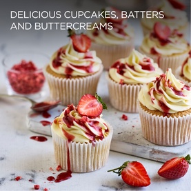Kenwood Chef Flex Beater lifestyle shot showing freshly made strawberry cupcakes with buttercream frosting, demonstrating baking results.