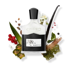 CREED Aventus Eau de Parfum 240ml EDP in silver and black bottle, surrounded by fragrance ingredients including berries, botanicals and vanilla
