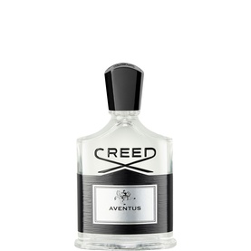 Creed Aventus Eau de Parfum in clear glass bottle with black cap and silver label detail