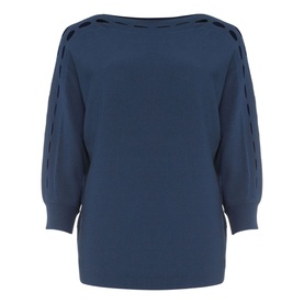 Phase Eight Cristine Slash Knit in blue, featuring bateau neckline, slash detail sleeves and relaxed three-quarter length fit