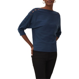 Model wearing Phase Eight Cristine Slash Knit in blue, featuring slash neckline detail and batwing sleeves, styled with black trousers