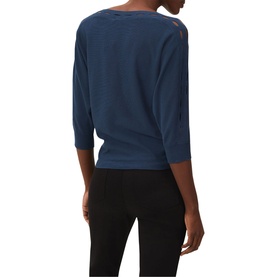 Model wearing Phase Eight Cristine Slash Knit in blue, three-quarter sleeves, slash neckline detail, back view, styled with black trousers
