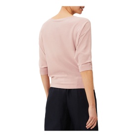 Model wearing Phase Eight Cristine Fine Knit Sweater in pink, shown from the back, with cropped length and elbow-length sleeves