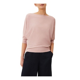 Model wearing Phase Eight Cristine Fine Knit Sweater in pink with batwing sleeves, styled with wide-leg black trousers