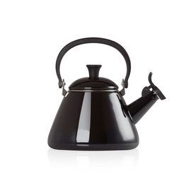 Le Creuset Kone Kettle With Fixed Whistle 1.6L in Black, enamelled carbon steel with wide base and upright handle