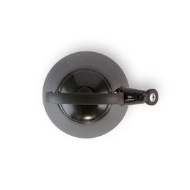 Le Creuset Kone Kettle With Fixed Whistle 1.6L in black, enamelled carbon steel, viewed from above showing wide base and upright handle