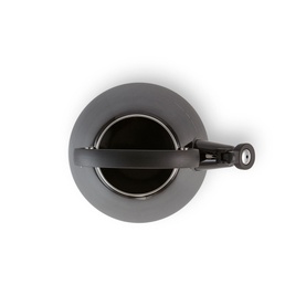 Le Creuset Kone Kettle With Fixed Whistle 1.6L in black, enamelled carbon steel, overhead view showing wide base and upright handle