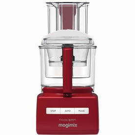 Magimix Cuisine Systeme 5200 XL food processor in red with clear bowl, lid, and Stop/Auto/Pulse controls