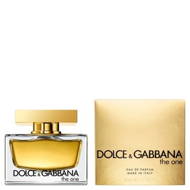 Dolce & Gabbana The One Eau de Parfum 50ml, clear glass bottle with gold cap, shown alongside gold gift box packaging