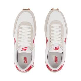 Nike Daybreak Trainers in white with red swoosh branding, tan suede heel overlay, white laces, and gum rubber sole, overhead view of pair