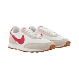Nike Daybreak Trainers in white with red swoosh, grey suede panels, white midsole and gum rubber outsole, three-quarter view