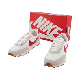 Nike Daybreak Trainers in white with red swoosh, suede and mesh upper, gum rubber sole, shown with red Nike shoebox