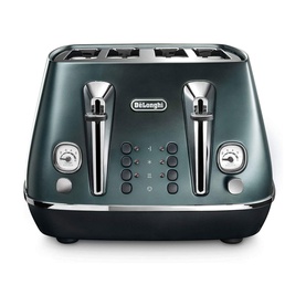 Delonghi Distinta Four Slice Toaster in green with chrome accents, four slots, and control dials on front panel