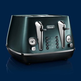 Delonghi Distinta Four Slice Toaster in green with chrome accents, four slots, and control dials on a dark blue background