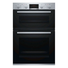 Bosch Serie 4 Built-In Double Oven in stainless steel and black, featuring two cavity doors, control knobs and digital display