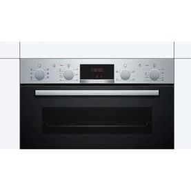 Bosch Serie 4 Built-In Double Oven in stainless steel with black glass door, digital display, and rotary controls