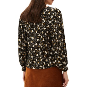 Model wearing Phase Eight Daizy Ditsy Print Jersey Top in black multi floral, blouson long sleeves with cuffs, relaxed fit, back view