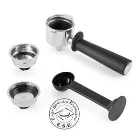 DeLonghi Stilosa Manual Espresso Maker Black accessories: portafilter handle, two filter baskets, and tamper in silver and black.