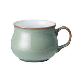 Denby Regency Green Tea/Coffee Cup in sage green stoneware with white interior and brown rim detail, loop handle