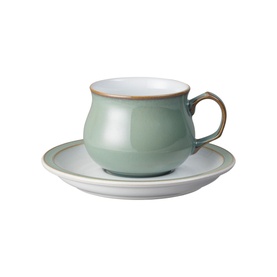 Denby Regency Green Tea/Coffee Cup and saucer in sage green stoneware with gold-brown rim detail and white interior