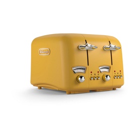 Delonghi Argento Silva Toaster in yellow, 4-slice design with chrome levers, dials, and matching yellow body
