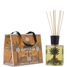 Ortigia Zagara Diffuser 200ml with illustrated gift bag, amber glass bottle and natural reed sticks, black cap