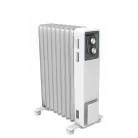 George Foreman 2kW Oil Free Column Radiator in white with grey control panel, dial controls, and wheeled base