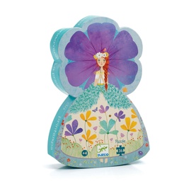 Djeco Spring Princess Puzzle in flower-shaped box, featuring illustrated princess in purple dress surrounded by flowers, multicoloured