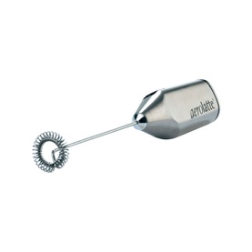 Eddington Aerolatte Stainless Steel Frother With Stand in silver, handheld wand with coiled whisk head
