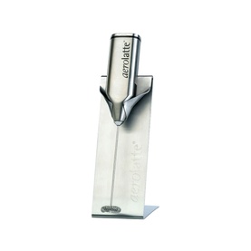 Eddington Aerolatte Stainless Steel Frother With Stand in silver, shown upright in its matching metal display stand