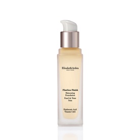 Elizabeth Arden Flawless Finish Skincaring Foundation 30ml in pump bottle with pale yellow tinted formula visible through clear glass