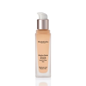 Elizabeth Arden Flawless Finish Skincaring Foundation 30ml in a warm beige shade, in a pump-top glass bottle