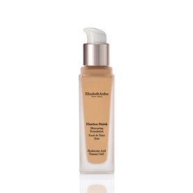 Elizabeth Arden Flawless Finish Skincaring Foundation 30ml in a warm beige shade, pump bottle with white cap