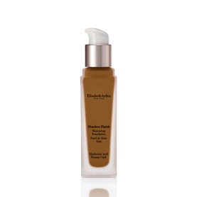 Elizabeth Arden Flawless Finish Skincaring Foundation 30ml in a warm deep tan shade, pump bottle with white cap