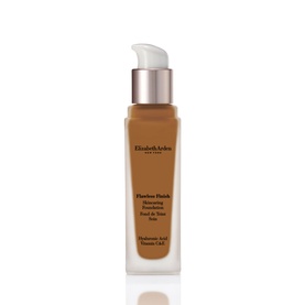 Elizabeth Arden Flawless Finish Skincaring Foundation 30ml in a deep tan shade, pump bottle with white cap