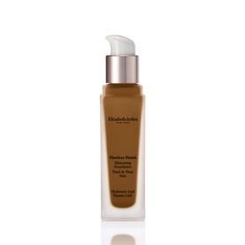 Elizabeth Arden Flawless Finish Skincaring Foundation 30ml in deep tan shade, pump bottle with silver-tone cap