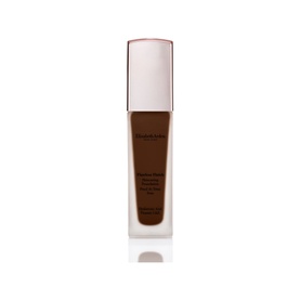 Elizabeth Arden Flawless Finish Skincaring Foundation in deep brown shade, 30ml glass bottle with rose gold cap