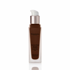Elizabeth Arden Flawless Finish Skincaring Foundation 30ml in deep brown shade, pump bottle with silver cap