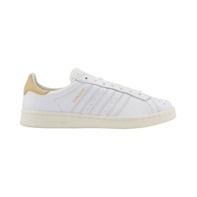 Adidas Earlham Trainers in white leather with gold heel tab, tonal side stripes, and cream rubber sole